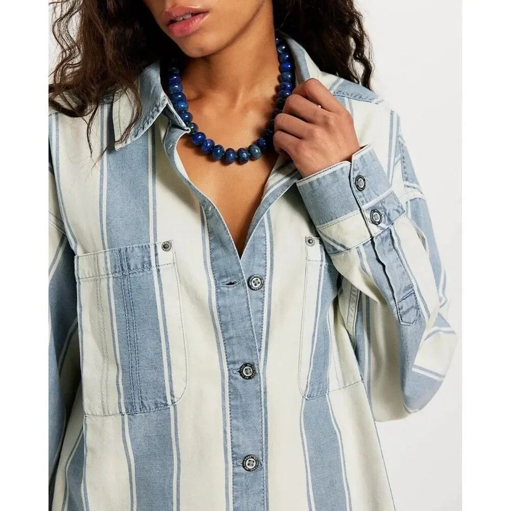 Free People We The Free Crossroads Striped Button Down Shirt Top Print XS 288557
